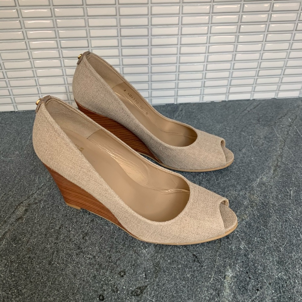 Stuart Weitzman Peep Toe Canvas Wedge - image 1